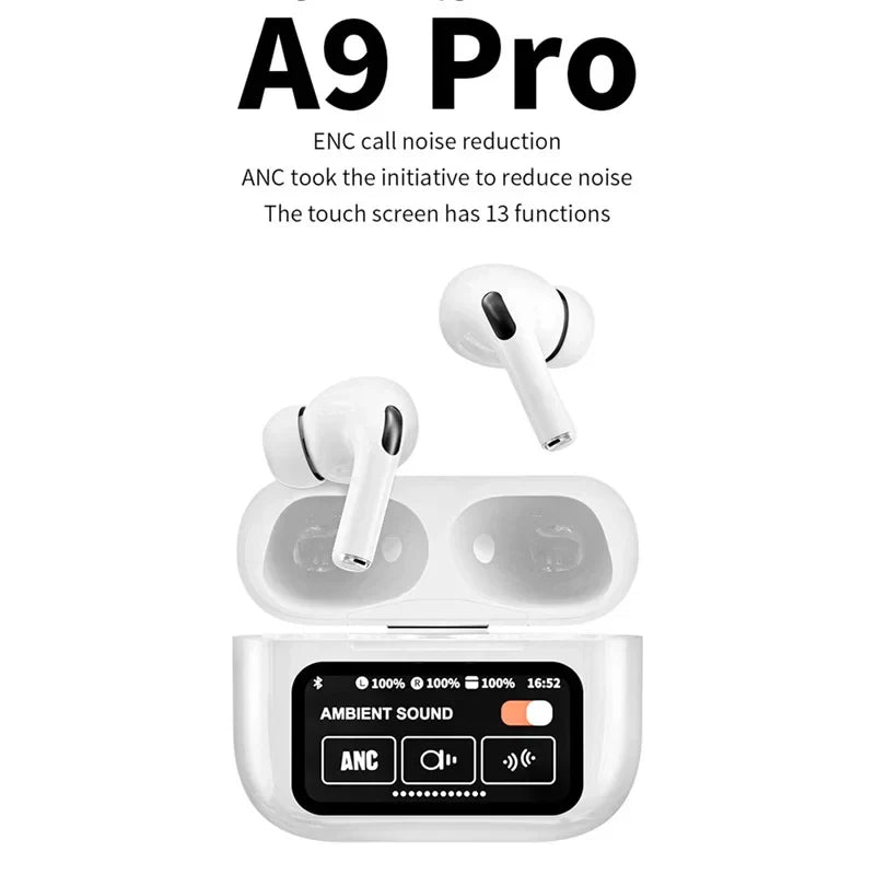 A9 Pro Wireless Earbuds – Bluetooth Air-Pods With Smart Touch Screen – ANC/ENC